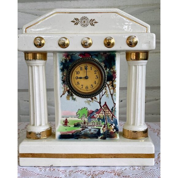 Antique German Mechanical Mantle Clock Pillars Hand Painted Porcelain Not Workin - Picture 11 of 15